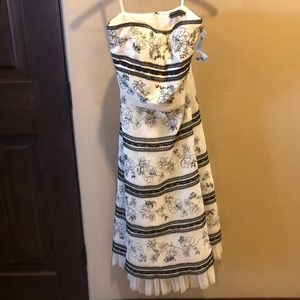 Cream and black lace, beaded dress with tool underneath, satin lined